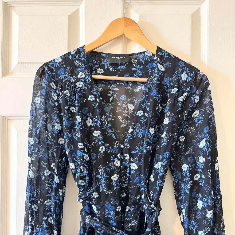 The Kooples Short Tie Waist Dress in Floral Blue Poppy Print - Picture 7 of 13